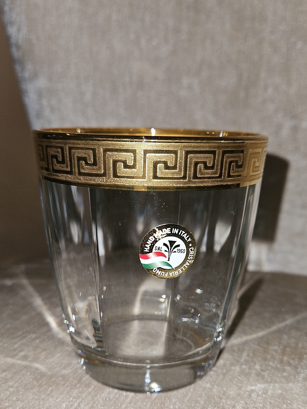 Handmade Italian Crystal Tumbler with Gold Greek Key Trim